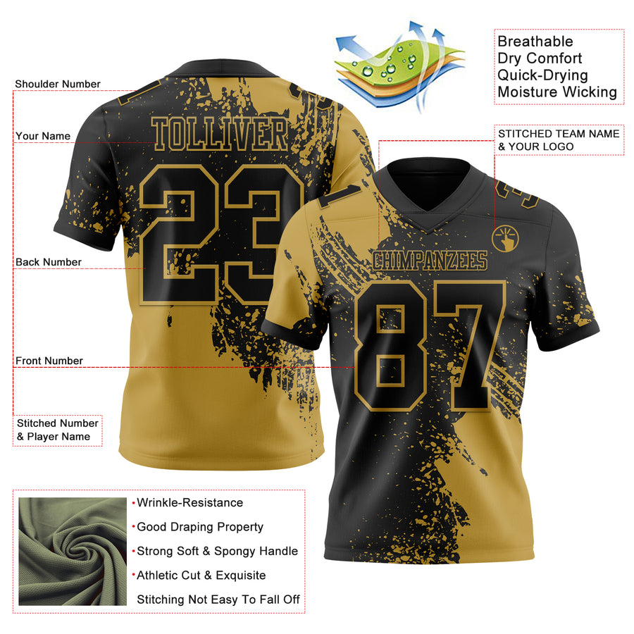 Custom Black Old Gold 3D Pattern Abstract Brush Stroke Authentic Football Jersey