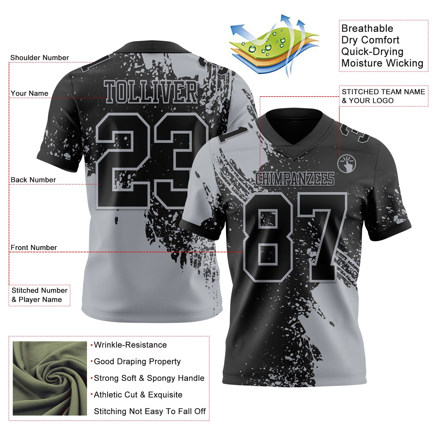 Custom Black Gray 3D Pattern Abstract Brush Stroke Authentic Football Jersey
