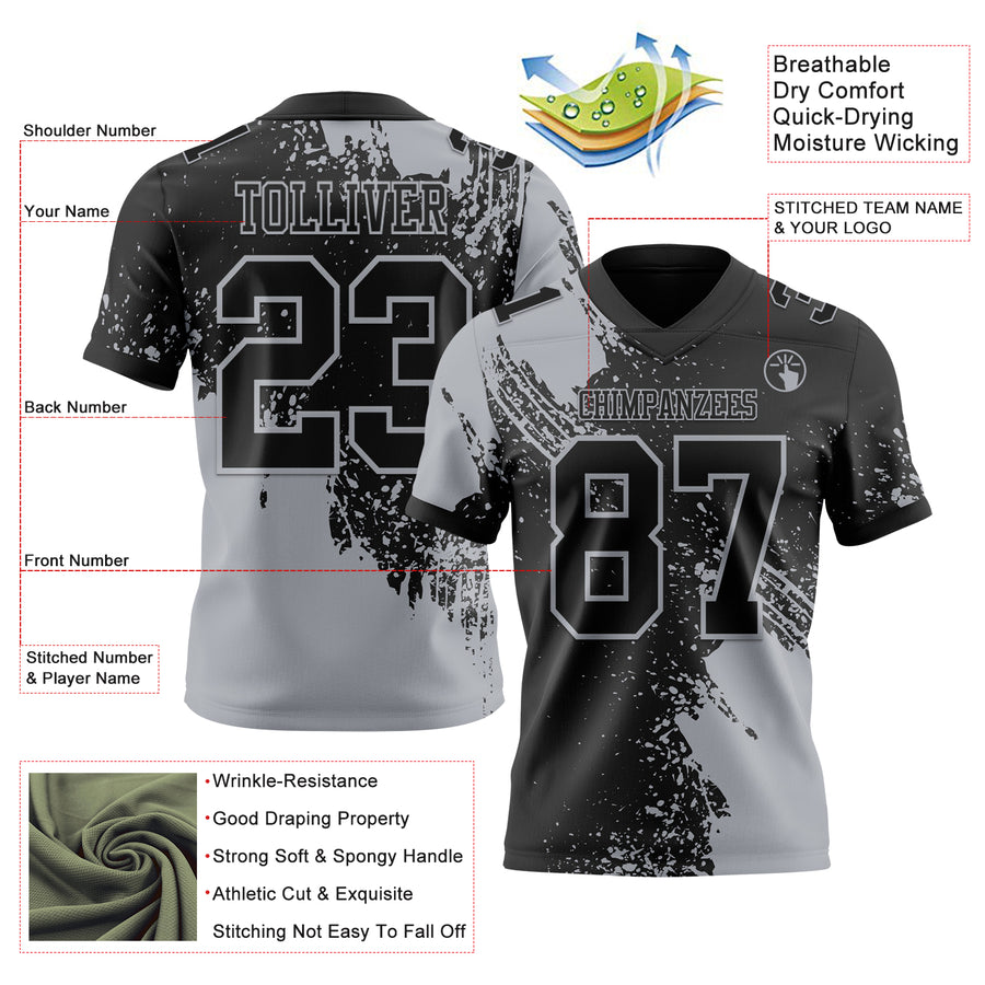 Custom Black Gray 3D Pattern Abstract Brush Stroke Authentic Football Jersey