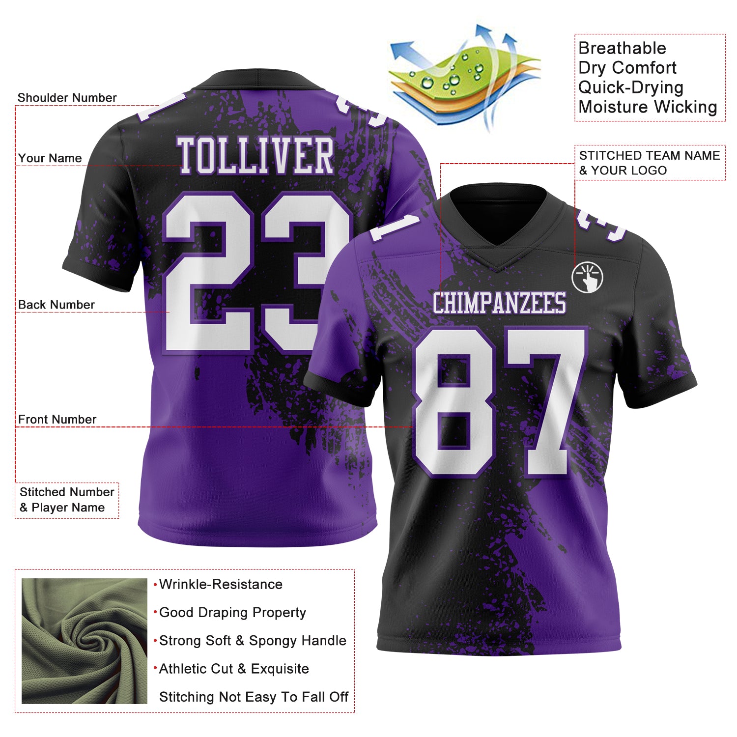 Custom Black White-Purple 3D Pattern Abstract Brush Stroke Authentic Football Jersey
