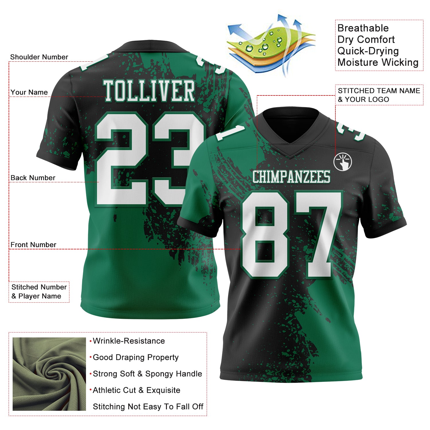 Custom Black White-Kelly Green 3D Pattern Abstract Brush Stroke Authentic Football Jersey