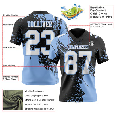 Custom Black White-Light Blue 3D Pattern Abstract Brush Stroke Authentic Football Jersey