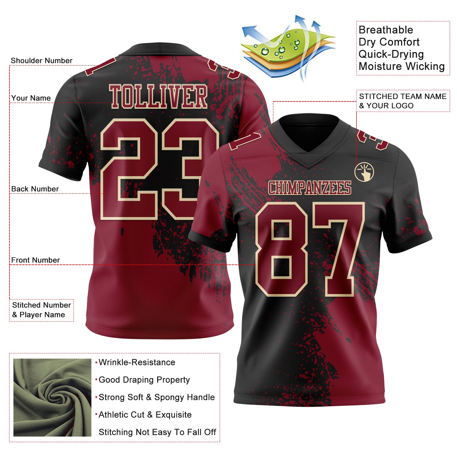 Custom Black Crimson-Cream 3D Pattern Abstract Brush Stroke Authentic Football Jersey