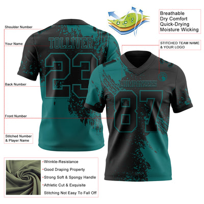 Custom Black Teal 3D Pattern Abstract Brush Stroke Authentic Football Jersey