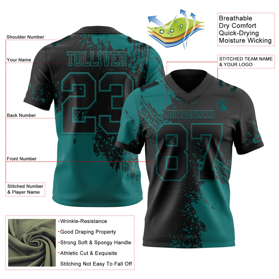 Custom Black Teal 3D Pattern Abstract Brush Stroke Authentic Football Jersey