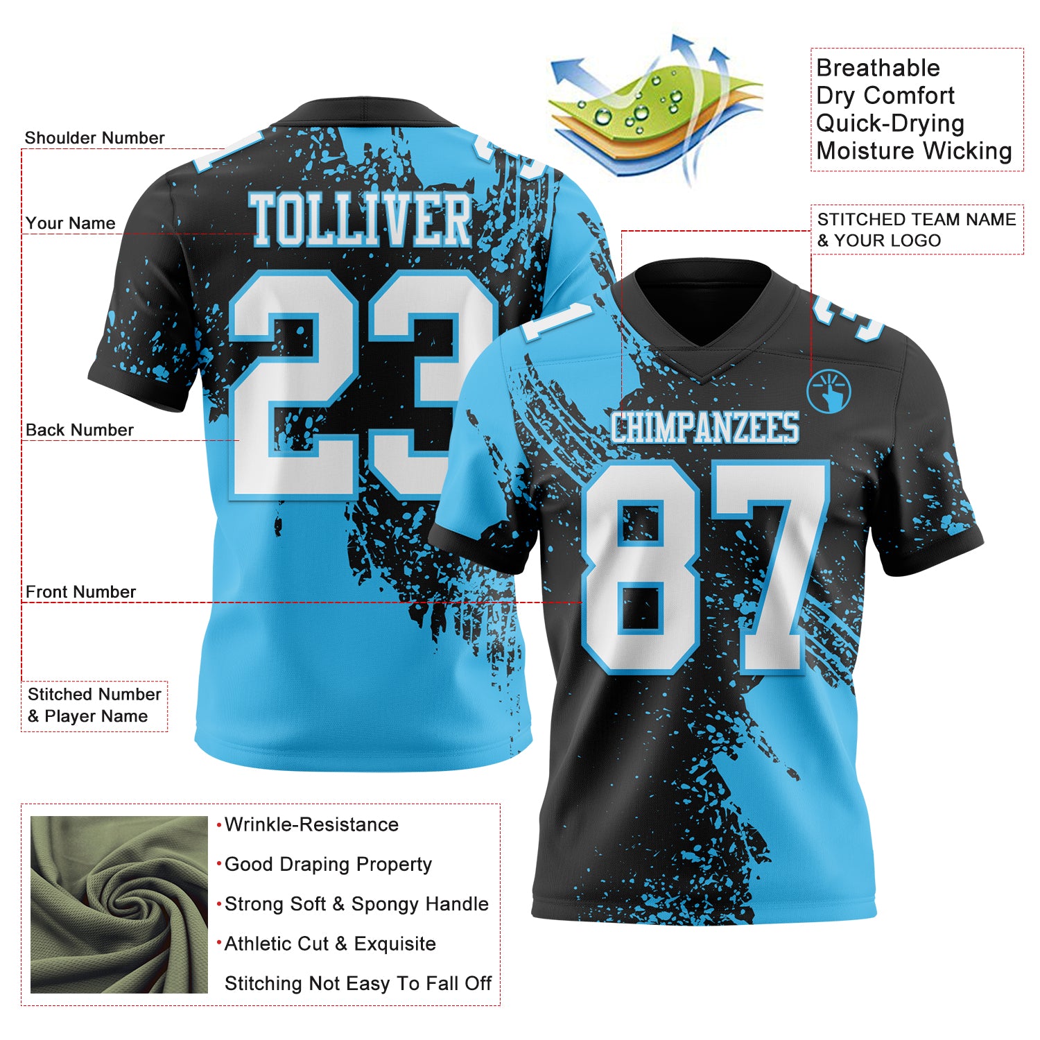 Custom Black White-Sky Blue 3D Pattern Abstract Brush Stroke Authentic Football Jersey