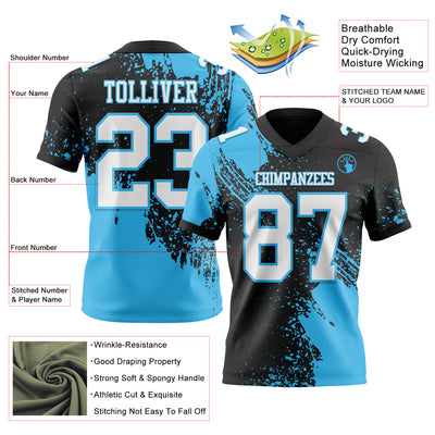 Custom Black White-Sky Blue 3D Pattern Abstract Brush Stroke Authentic Football Jersey