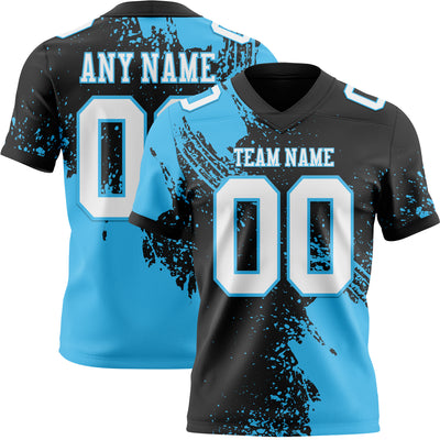 Custom Black White-Sky Blue 3D Pattern Abstract Brush Stroke Authentic Football Jersey