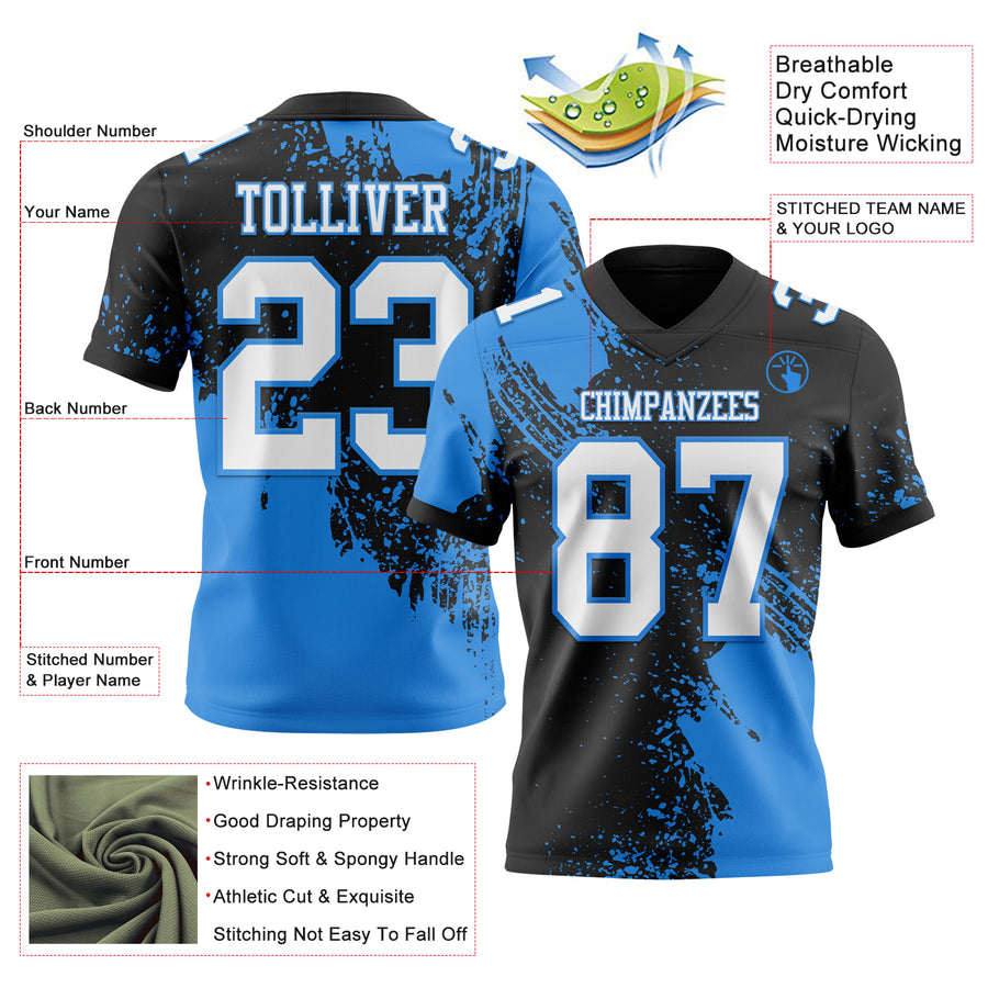 Custom Black White-Powder Blue 3D Pattern Abstract Brush Stroke Authentic Football Jersey