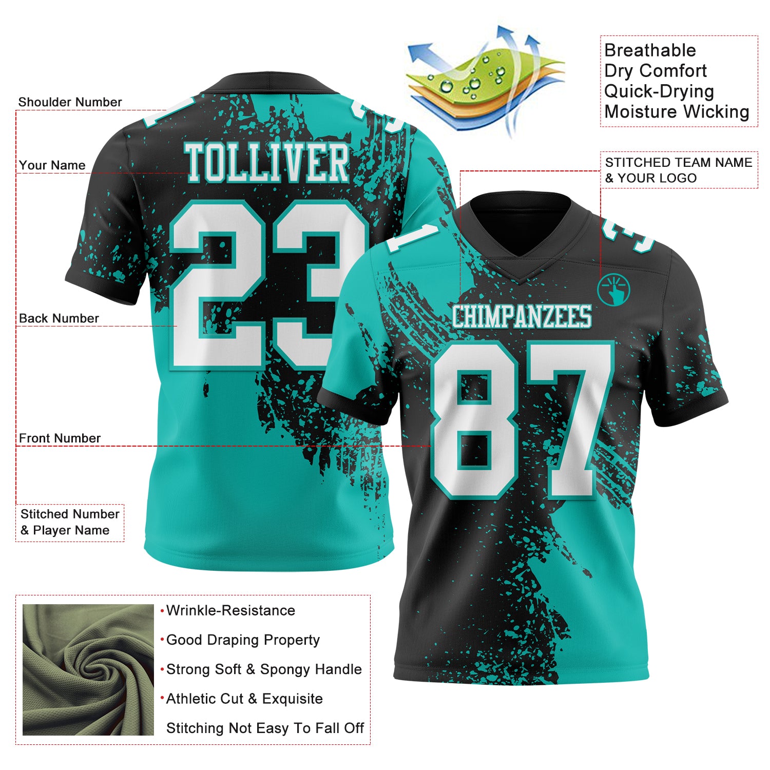 Custom Black White-Aqua 3D Pattern Abstract Brush Stroke Authentic Football Jersey