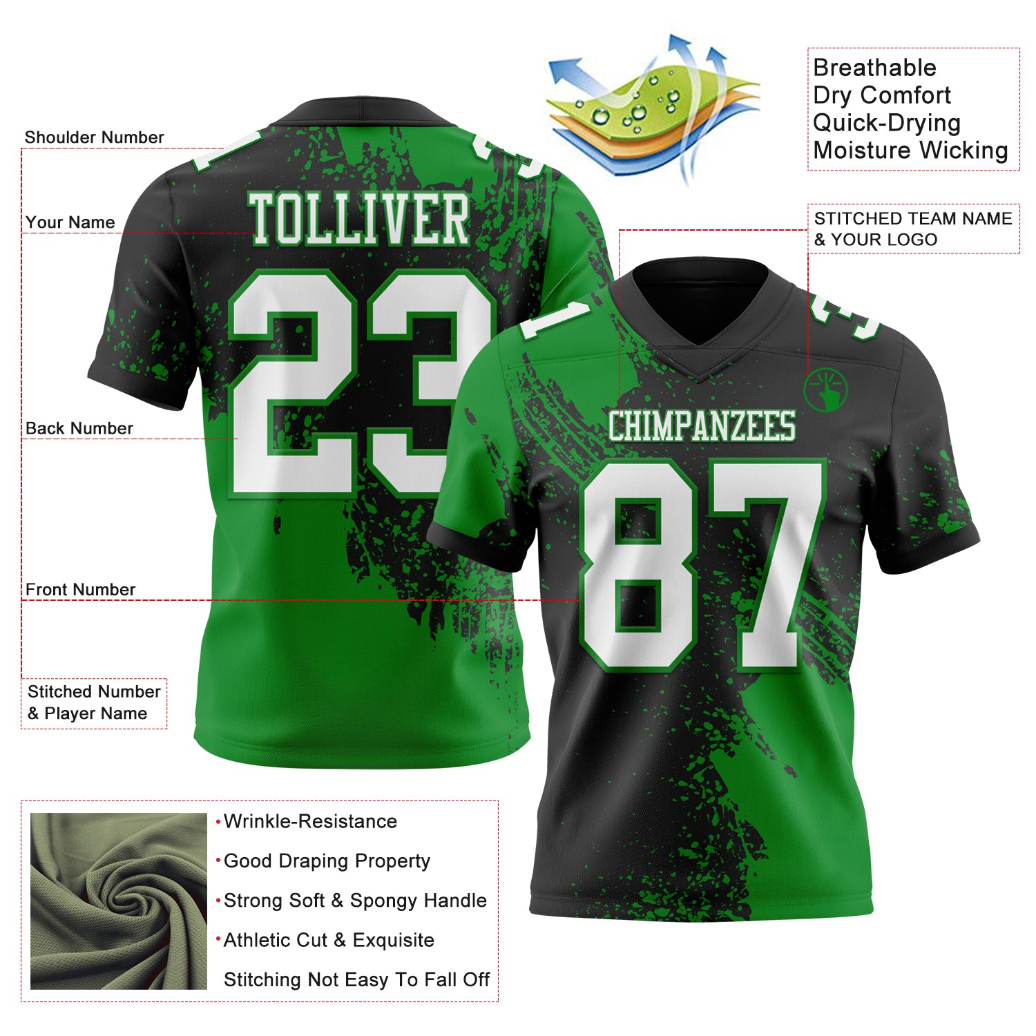 Custom Black White-Grass Green 3D Pattern Abstract Brush Stroke Authentic Football Jersey