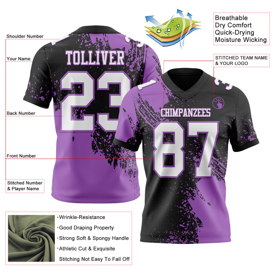 Custom Black White-Medium Purple 3D Pattern Abstract Brush Stroke Authentic Football Jersey