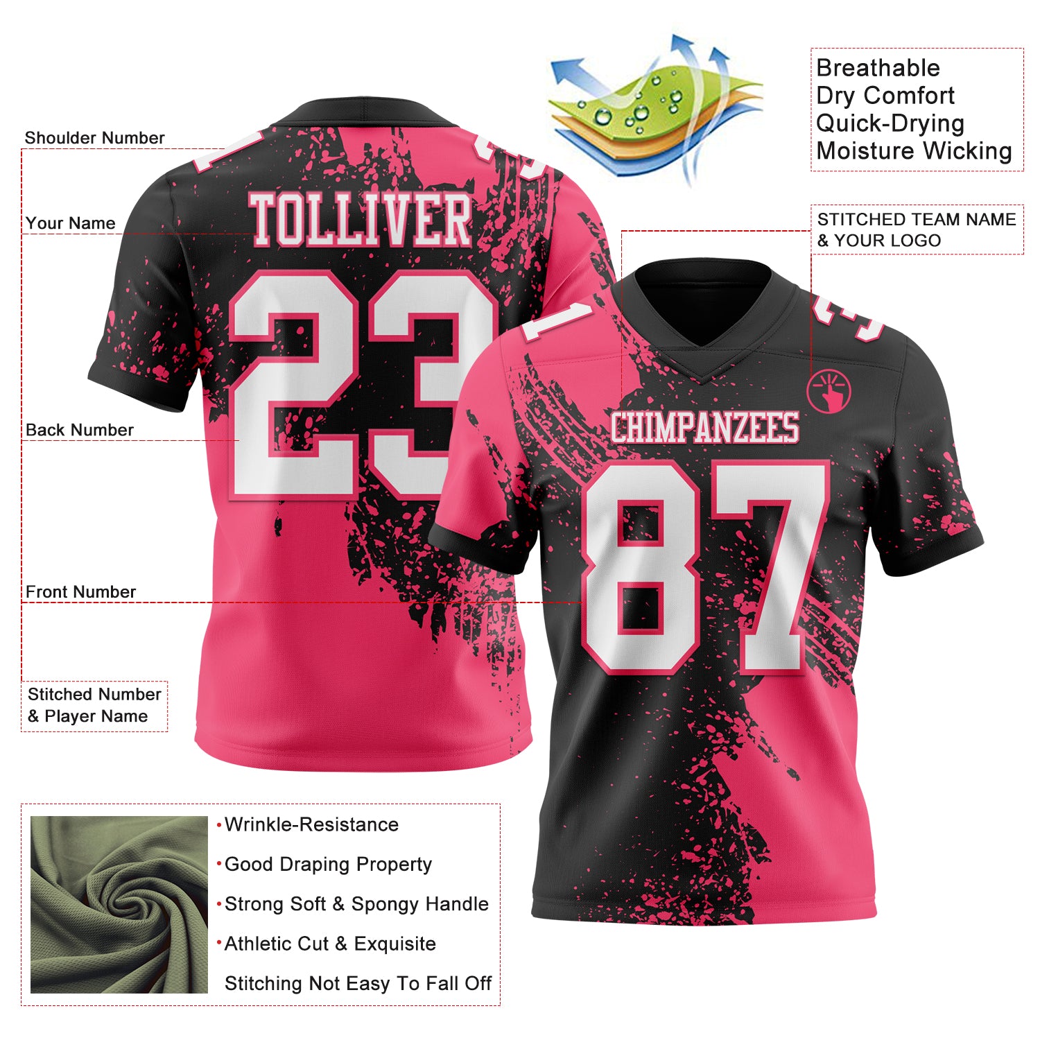 Custom Black White-Neon Pink 3D Pattern Abstract Brush Stroke Authentic Football Jersey