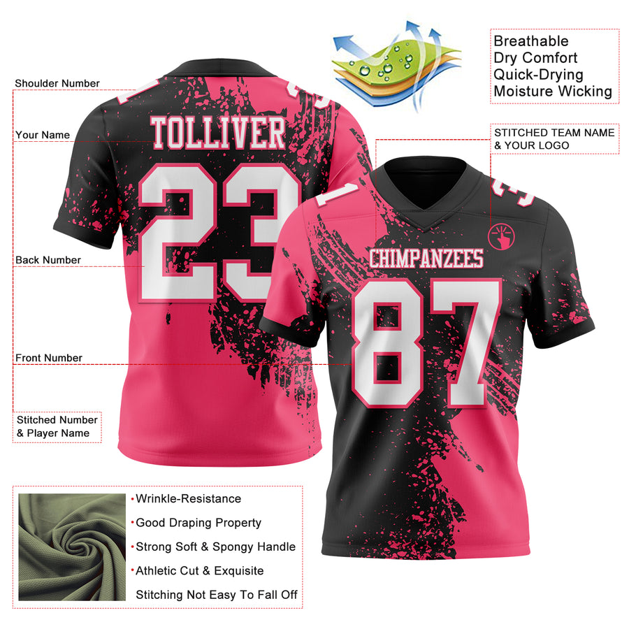 Custom Black White-Neon Pink 3D Pattern Abstract Brush Stroke Authentic Football Jersey