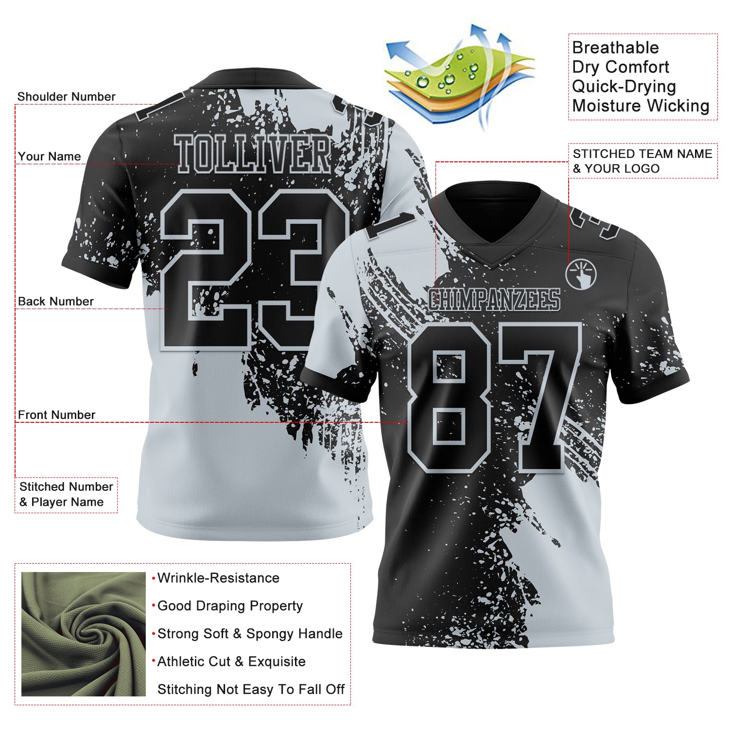 Custom Black Silver 3D Pattern Abstract Brush Stroke Authentic Football Jersey