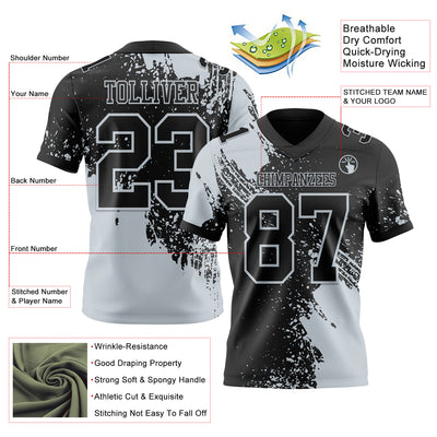 Custom Black Silver 3D Pattern Abstract Brush Stroke Authentic Football Jersey