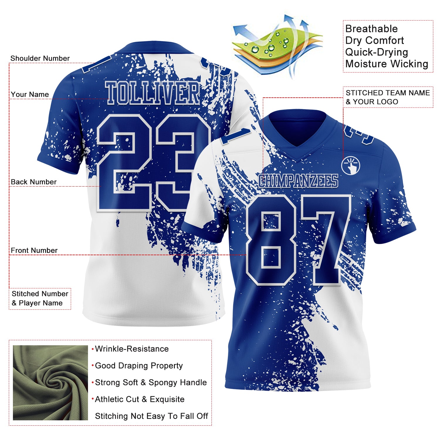 Custom Royal White 3D Pattern Abstract Brush Stroke Authentic Football Jersey
