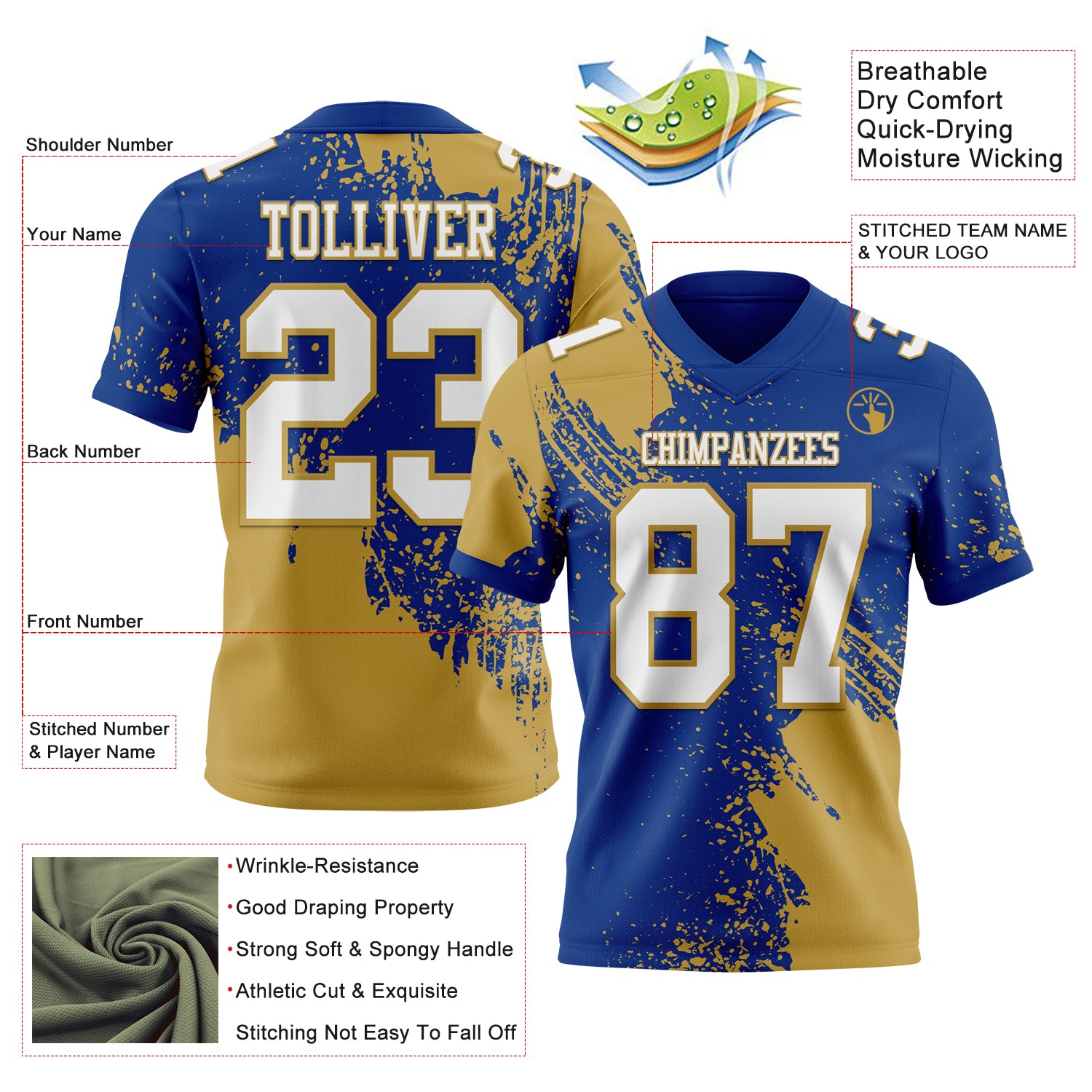 Custom Royal White-Old Gold 3D Pattern Abstract Brush Stroke Authentic Football Jersey