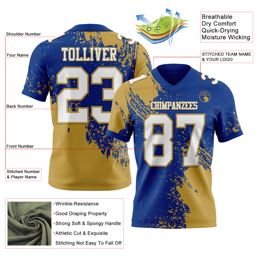 Custom Royal White-Old Gold 3D Pattern Abstract Brush Stroke Authentic Football Jersey