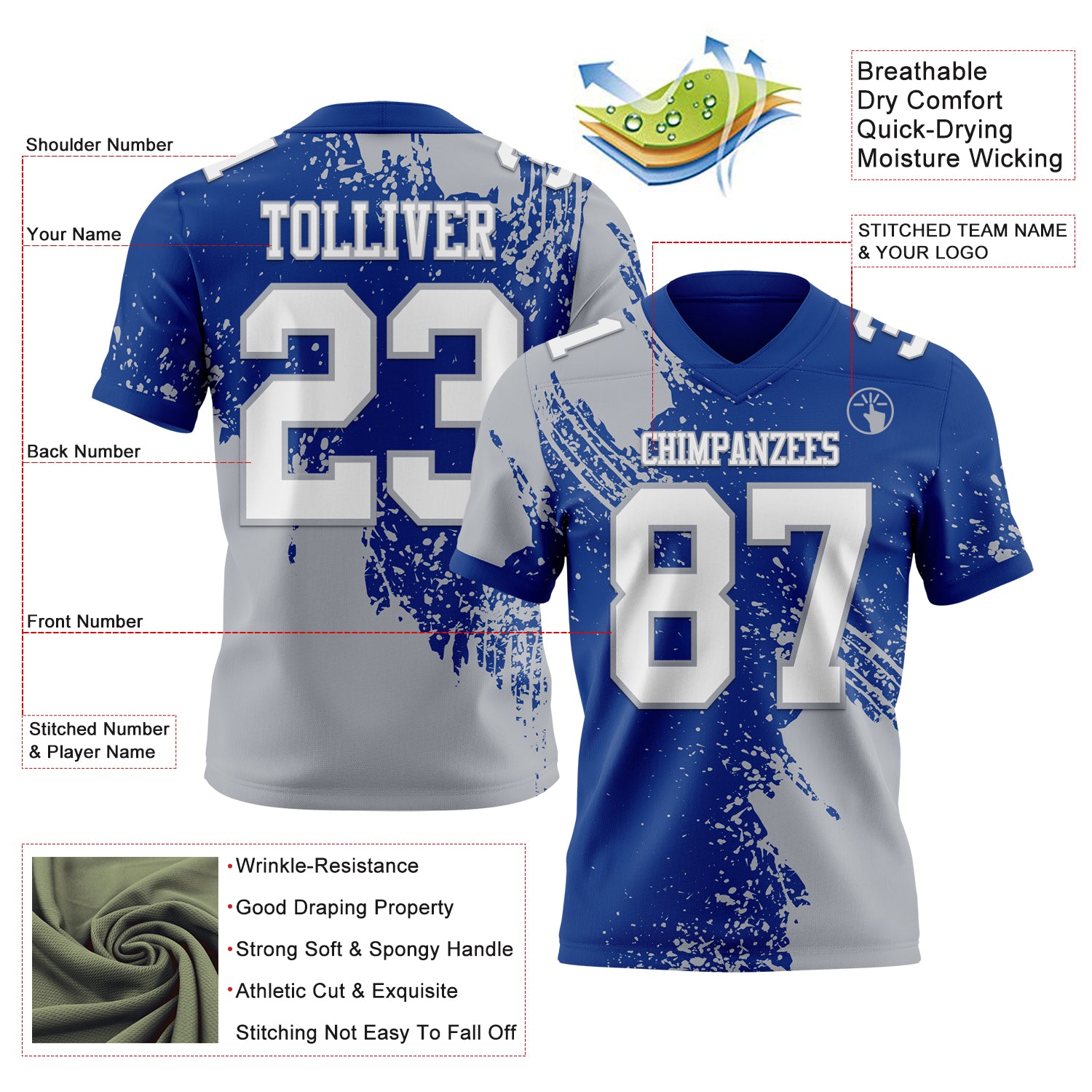 Custom Royal White-Gray 3D Pattern Abstract Brush Stroke Authentic Football Jersey