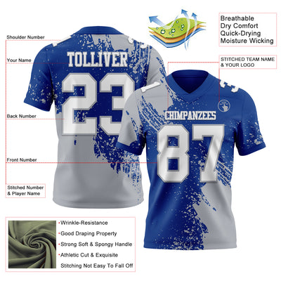 Custom Royal White-Gray 3D Pattern Abstract Brush Stroke Authentic Football Jersey