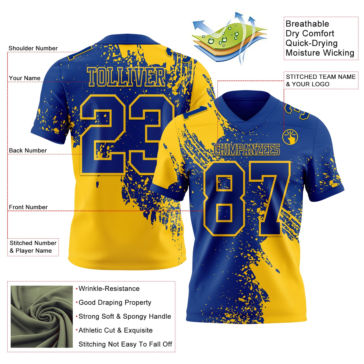 Custom Royal Yellow 3D Pattern Abstract Brush Stroke Authentic Football Jersey
