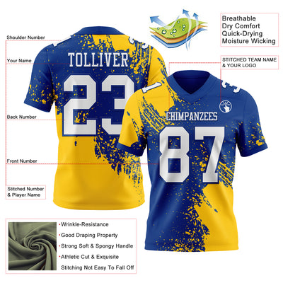 Custom Royal White-Gold 3D Pattern Abstract Brush Stroke Authentic Football Jersey