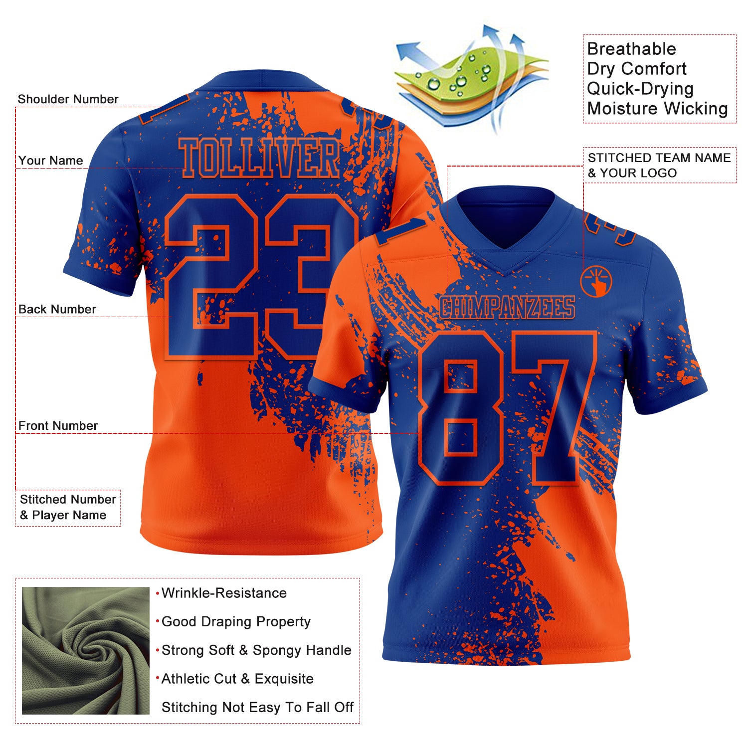 Custom Royal Orange 3D Pattern Abstract Brush Stroke Authentic Football Jersey