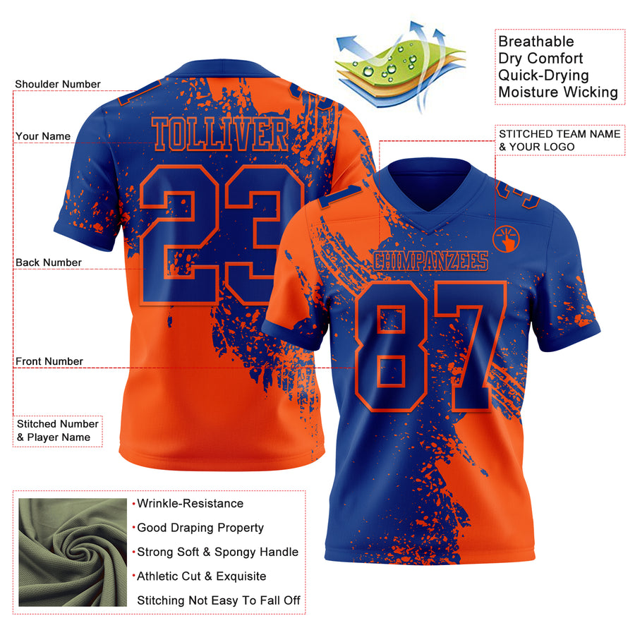 Custom Royal Orange 3D Pattern Abstract Brush Stroke Authentic Football Jersey