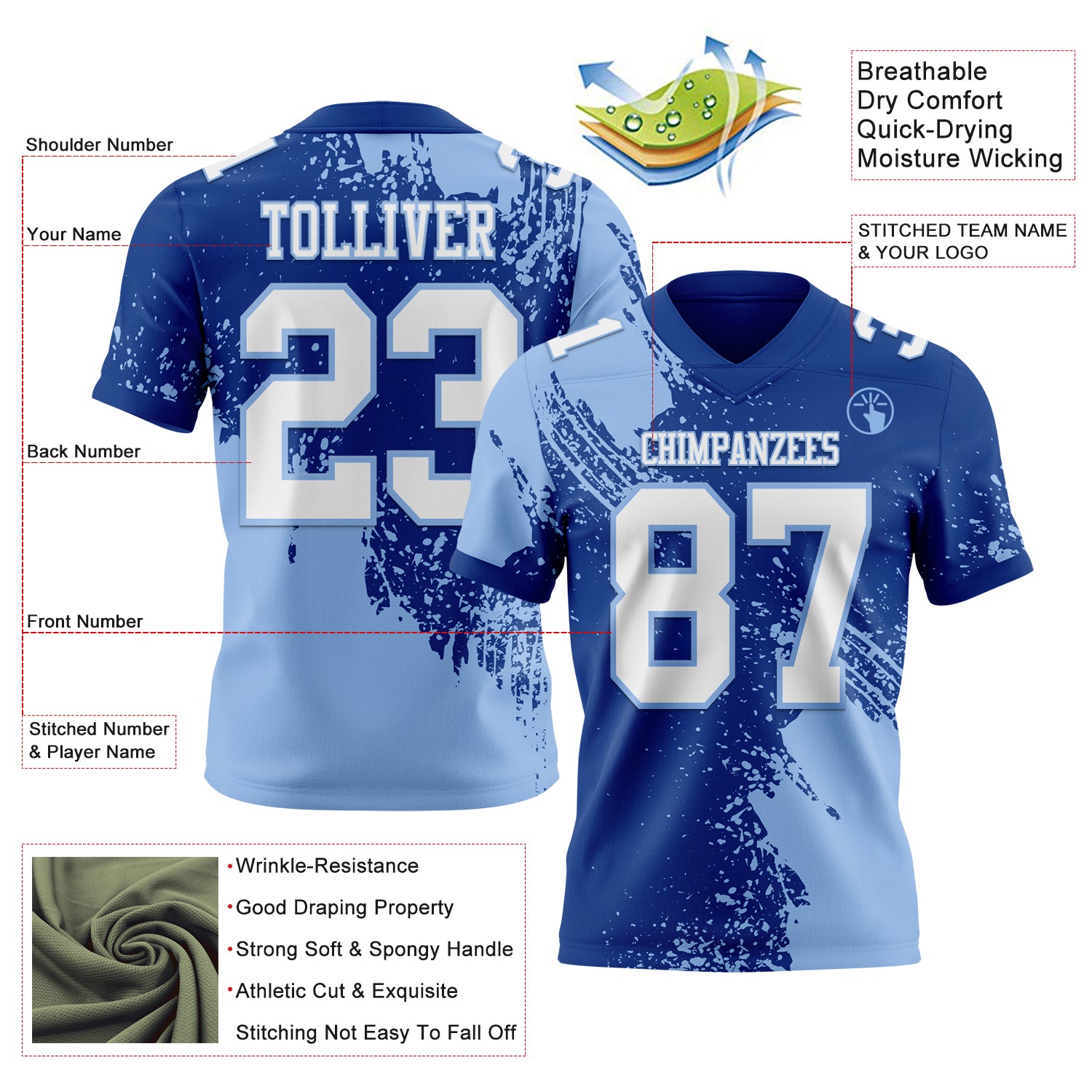 Custom Royal White-Light Blue 3D Pattern Abstract Brush Stroke Authentic Football Jersey