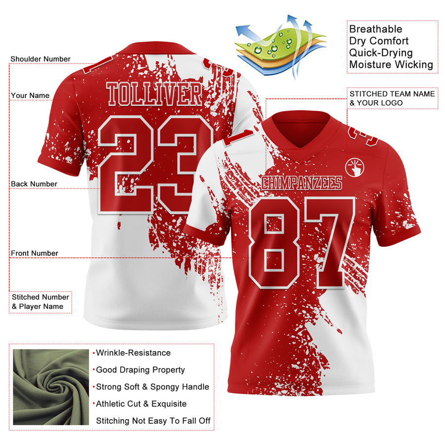 Custom Red White 3D Pattern Abstract Brush Stroke Authentic Football Jersey