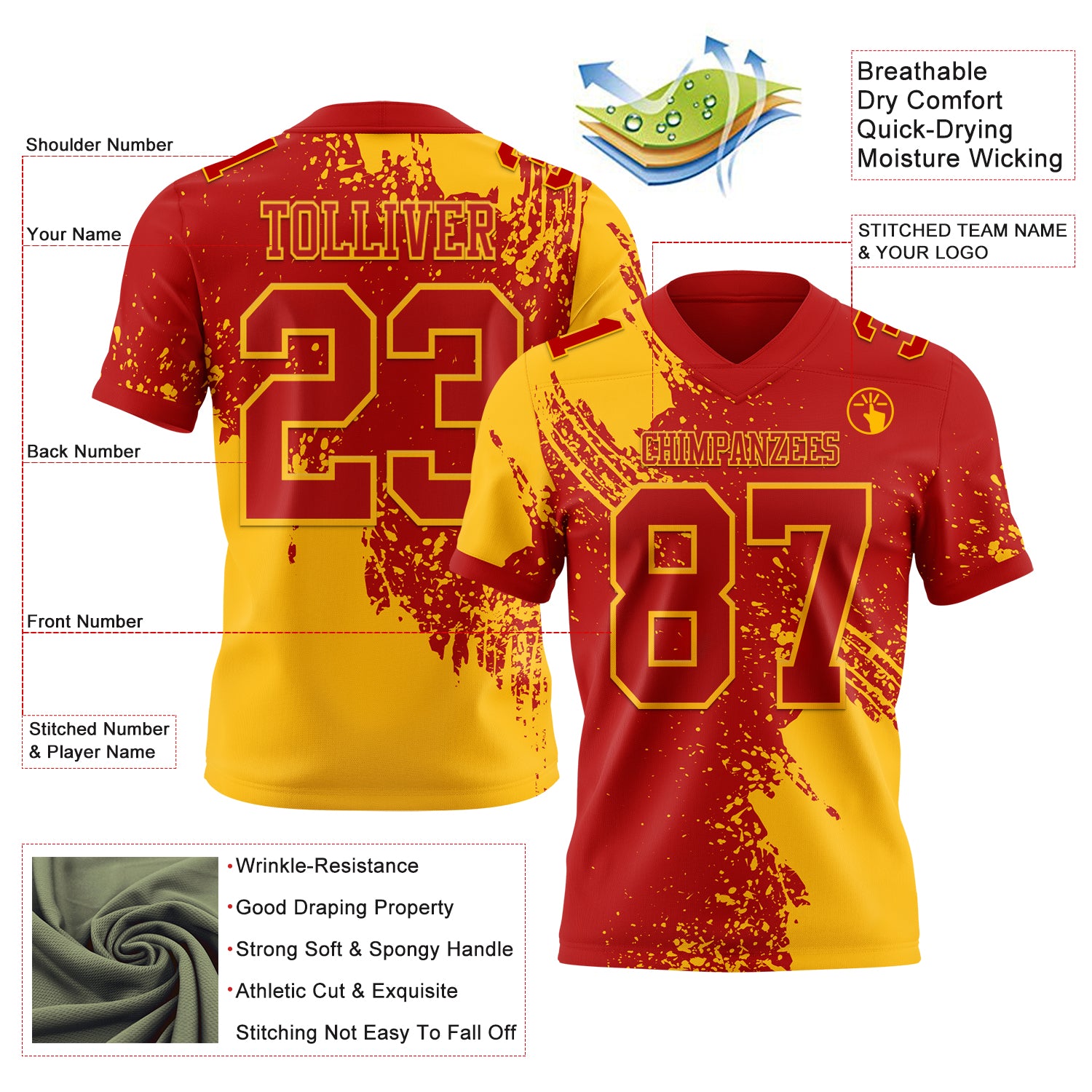 Custom Red Gold 3D Pattern Abstract Brush Stroke Authentic Football Jersey