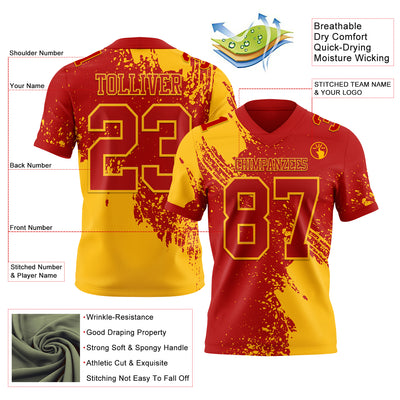 Custom Red Gold 3D Pattern Abstract Brush Stroke Authentic Football Jersey