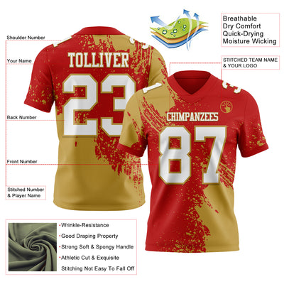 Custom Red White-Old Gold 3D Pattern Abstract Brush Stroke Authentic Football Jersey