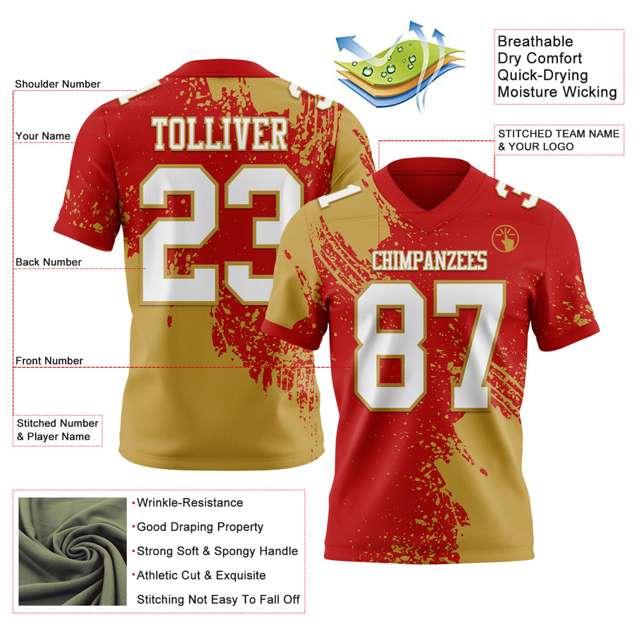 Custom Red White-Old Gold 3D Pattern Abstract Brush Stroke Authentic Football Jersey