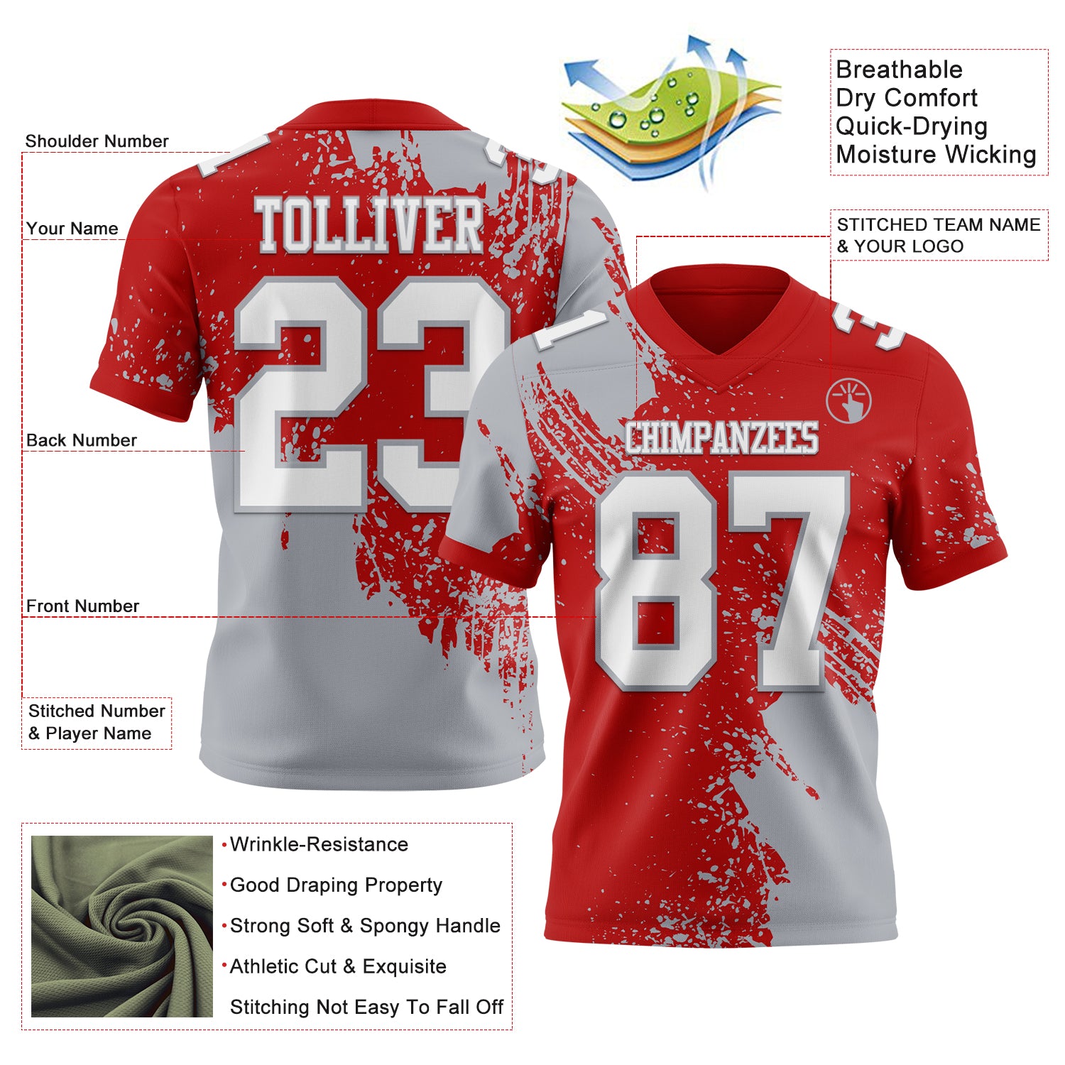 Custom Red White-Gray 3D Pattern Abstract Brush Stroke Authentic Football Jersey
