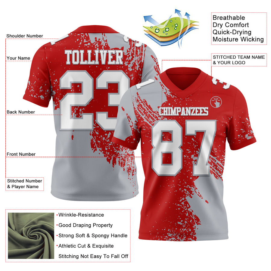 Custom Red White-Gray 3D Pattern Abstract Brush Stroke Authentic Football Jersey