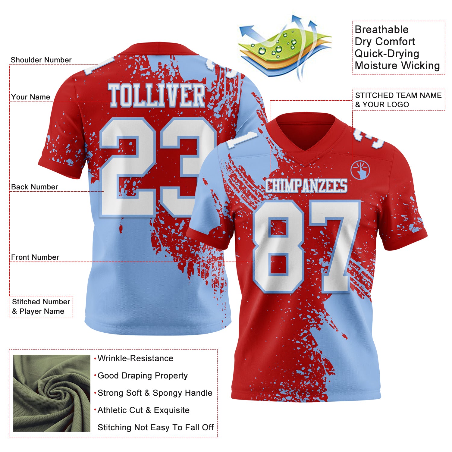Custom Red White-Light Blue 3D Pattern Abstract Brush Stroke Authentic Football Jersey