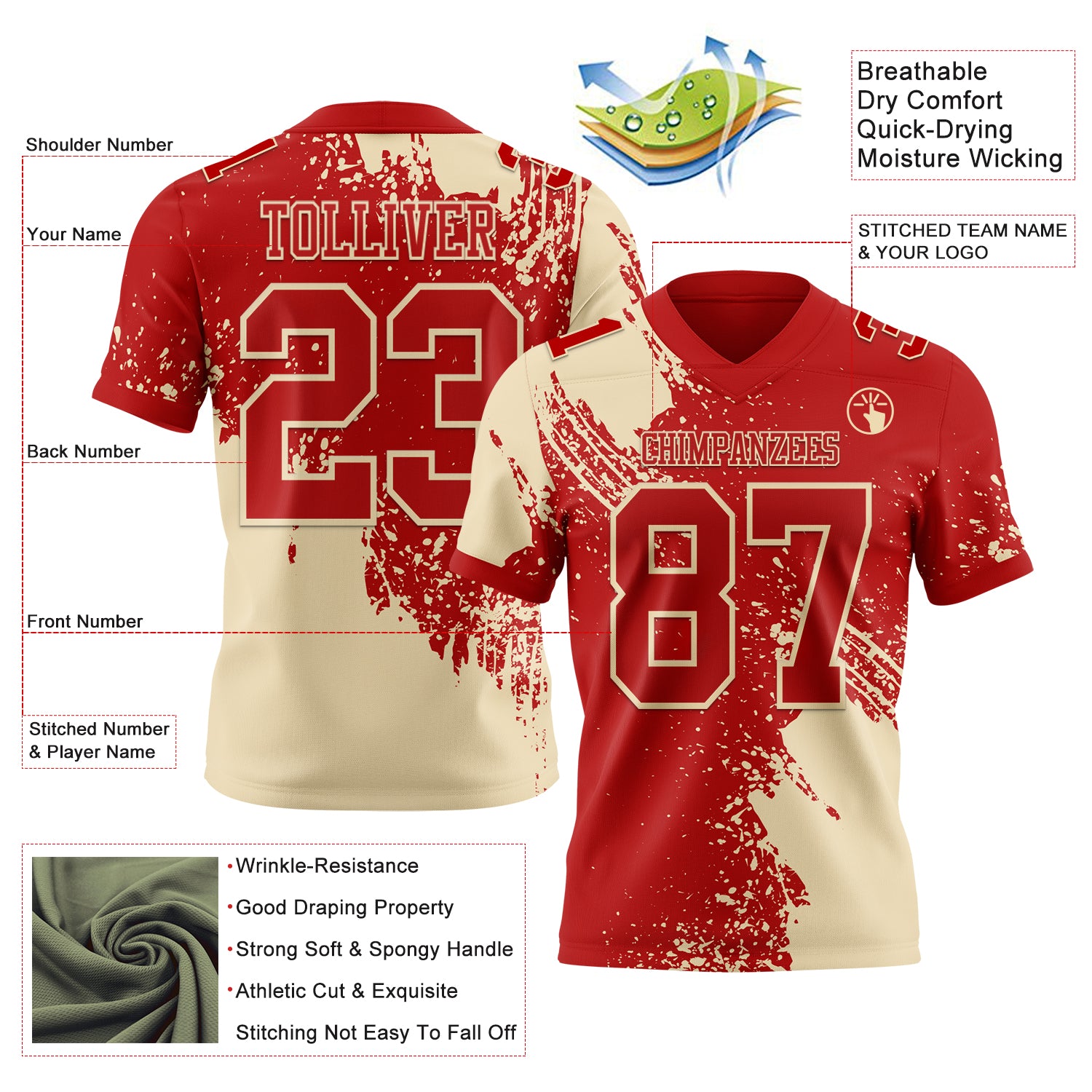 Custom Red Cream 3D Pattern Abstract Brush Stroke Authentic Football Jersey
