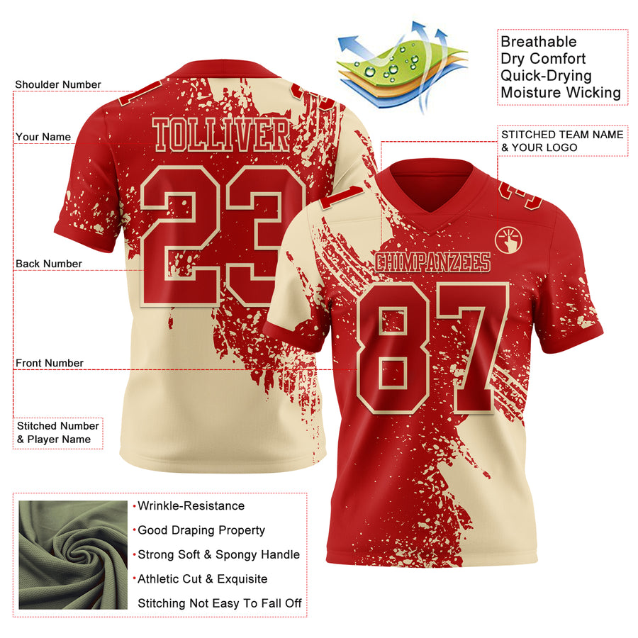 Custom Red Cream 3D Pattern Abstract Brush Stroke Authentic Football Jersey
