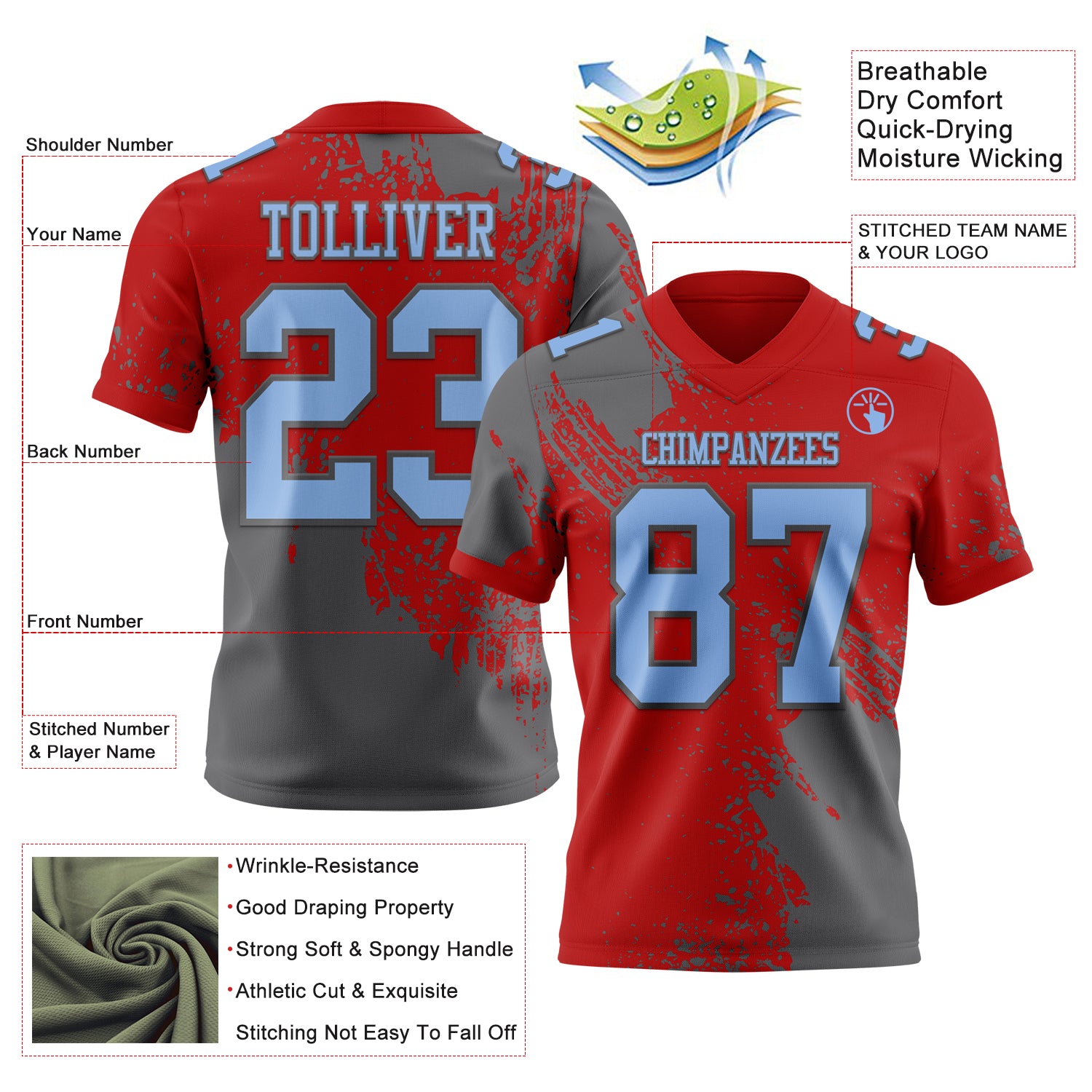 Custom Red Light Blue-Steel Gray 3D Pattern Abstract Brush Stroke Authentic Football Jersey