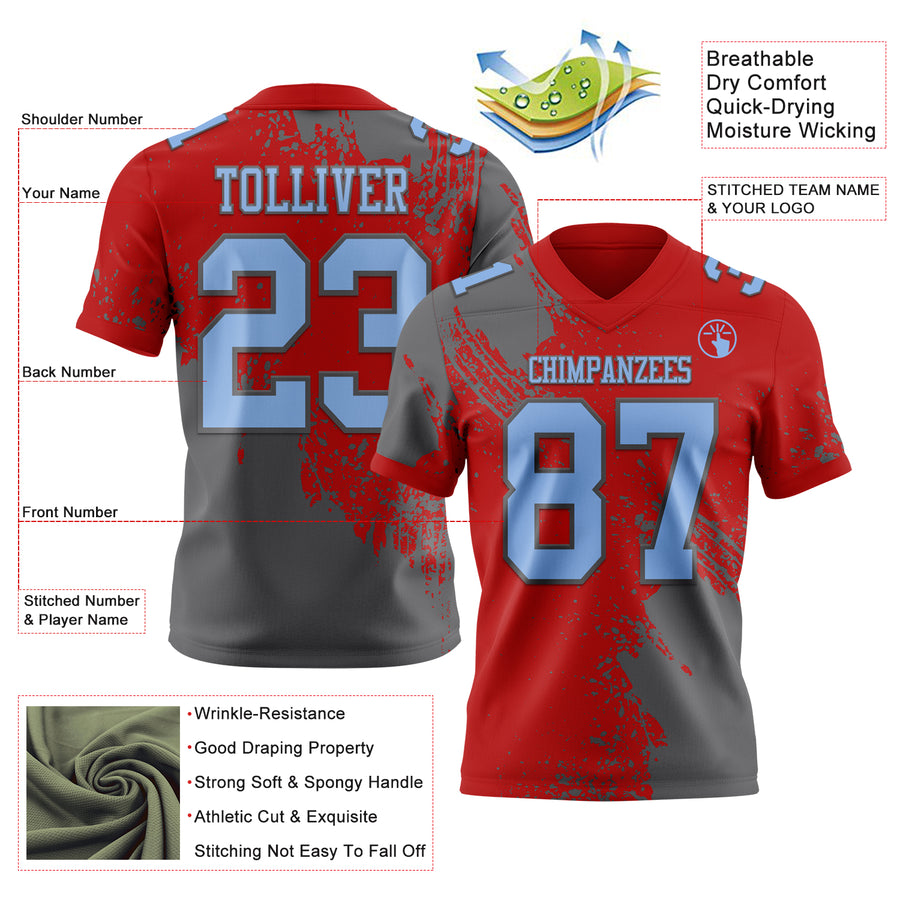Custom Red Light Blue-Steel Gray 3D Pattern Abstract Brush Stroke Authentic Football Jersey