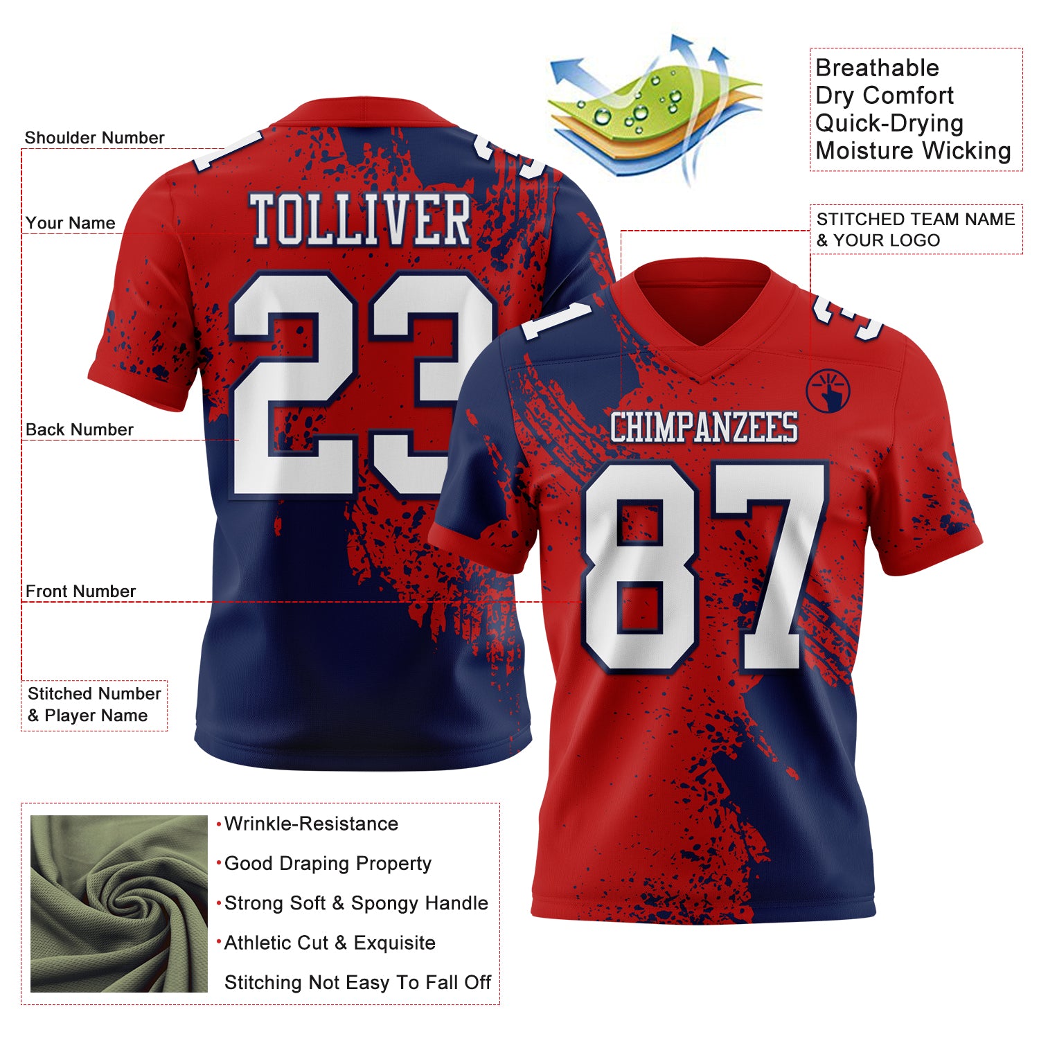 Custom Red White-Navy 3D Pattern Abstract Brush Stroke Authentic Football Jersey