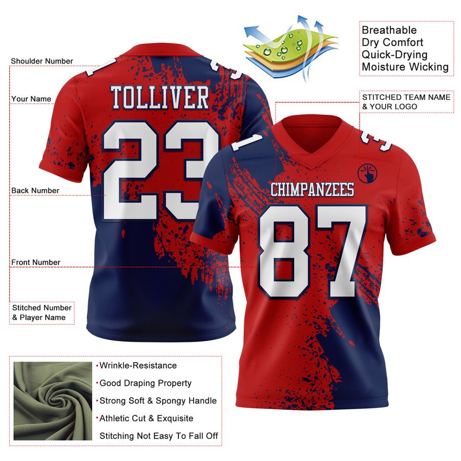 Custom Red White-Navy 3D Pattern Abstract Brush Stroke Authentic Football Jersey