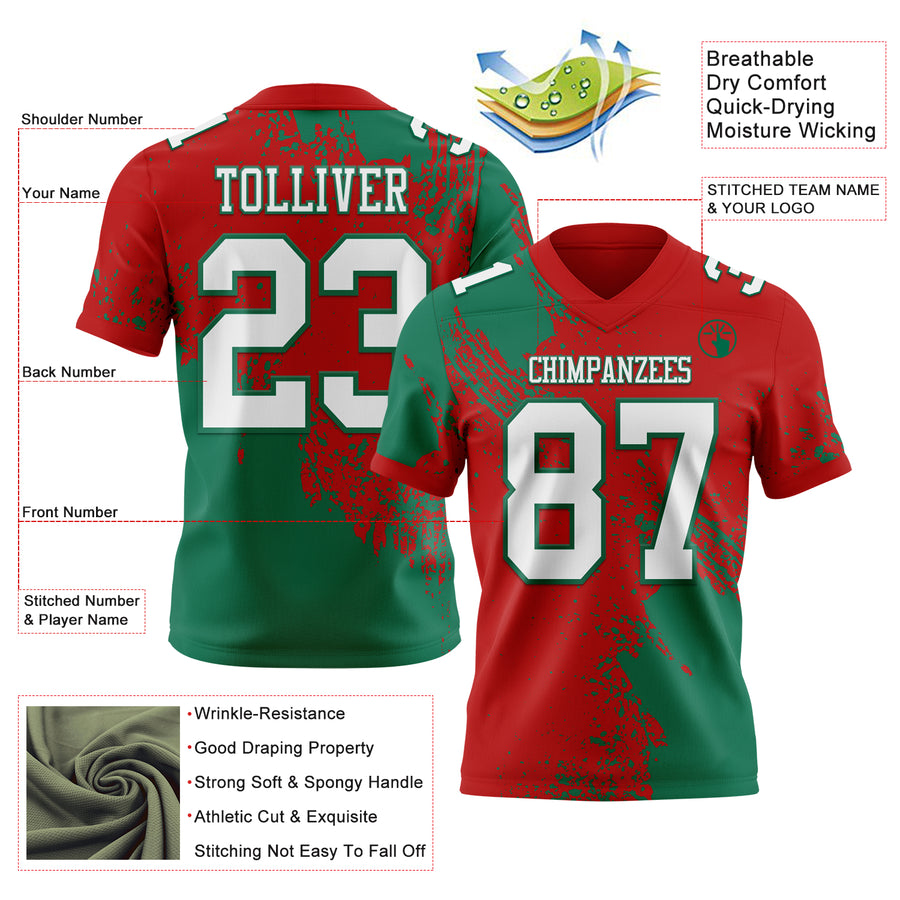 Custom Red White-Kelly Green 3D Pattern Abstract Brush Stroke Authentic Football Jersey