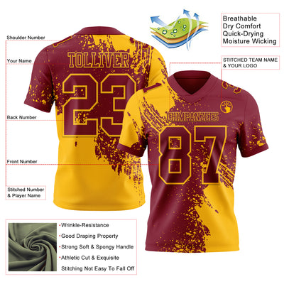 Custom Crimson Gold 3D Pattern Abstract Brush Stroke Authentic Football Jersey
