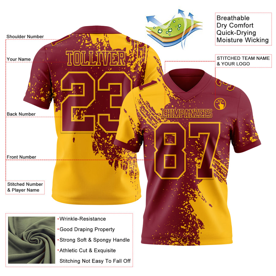 Custom Crimson Gold 3D Pattern Abstract Brush Stroke Authentic Football Jersey