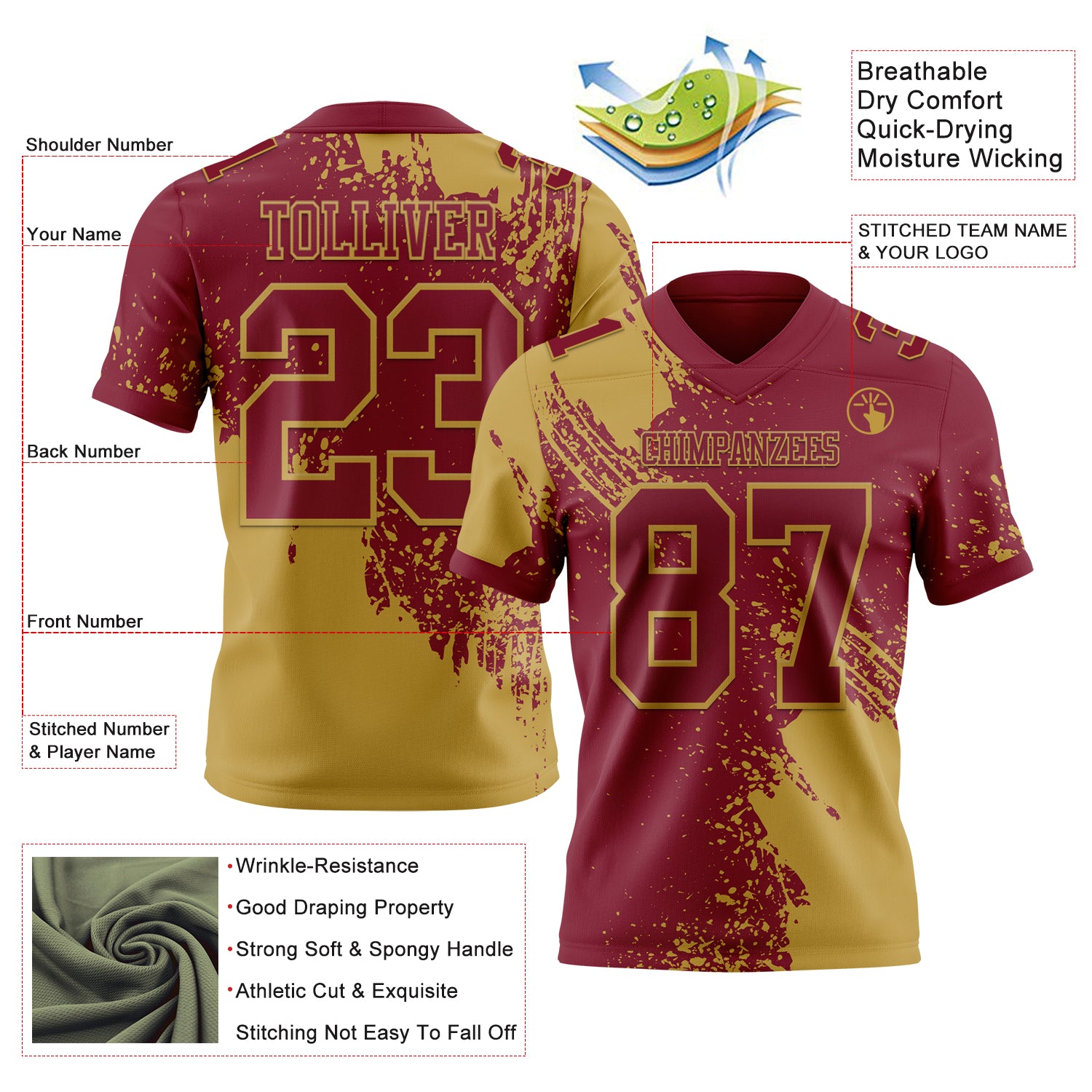 Custom Crimson Old Gold 3D Pattern Abstract Brush Stroke Authentic Football Jersey
