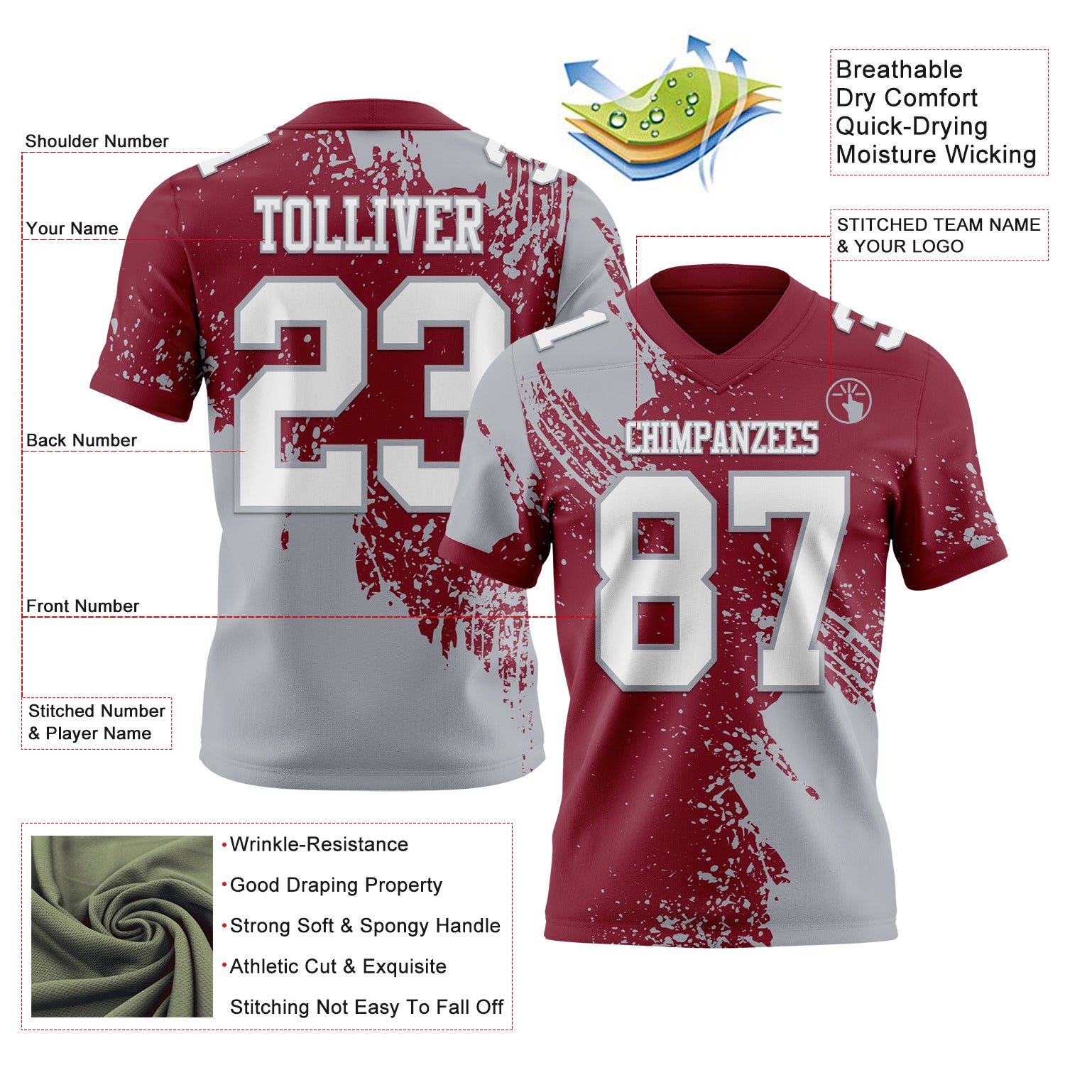 Custom Crimson White-Gray 3D Pattern Abstract Brush Stroke Authentic Football Jersey