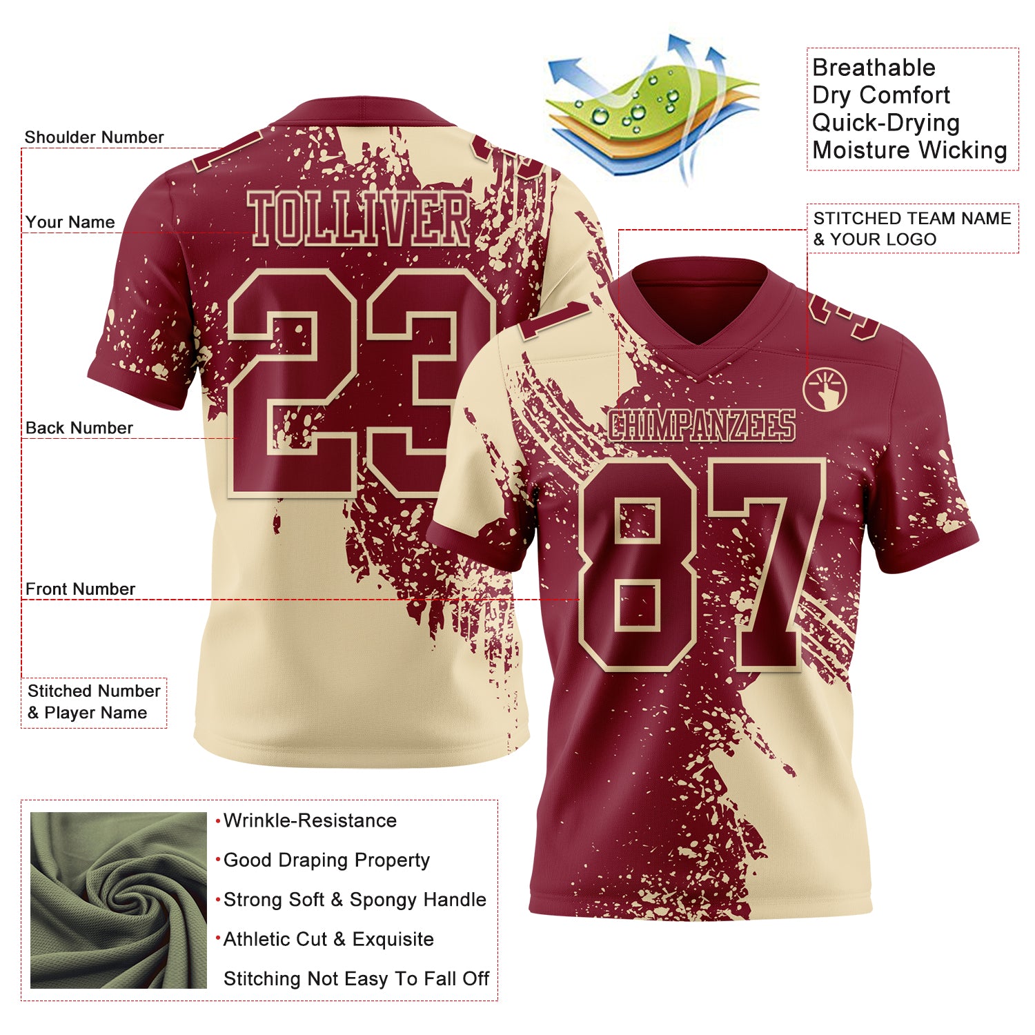 Custom Crimson Cream 3D Pattern Abstract Brush Stroke Authentic Football Jersey